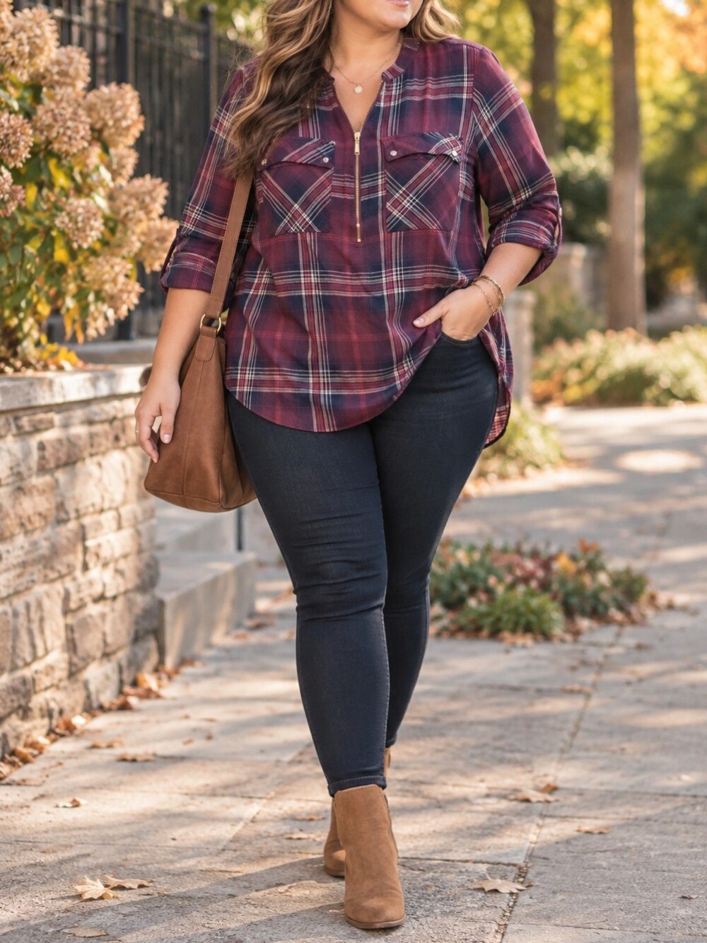 Kismet Burgundy Plaid Rayon Zip Front Utility Tunic Blouse Fall Shirt Casual
